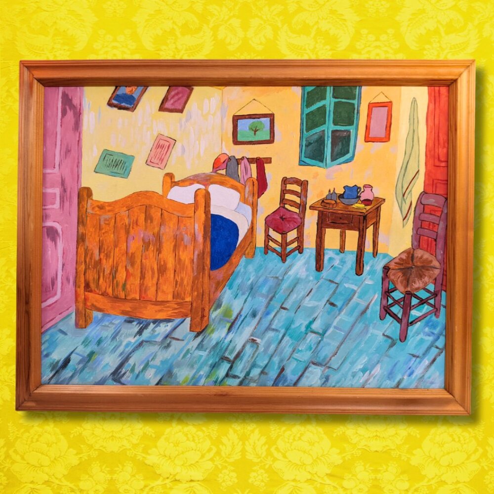 Vintage Medium hand-painted bright-colored framed oil painting, after Van Gogh